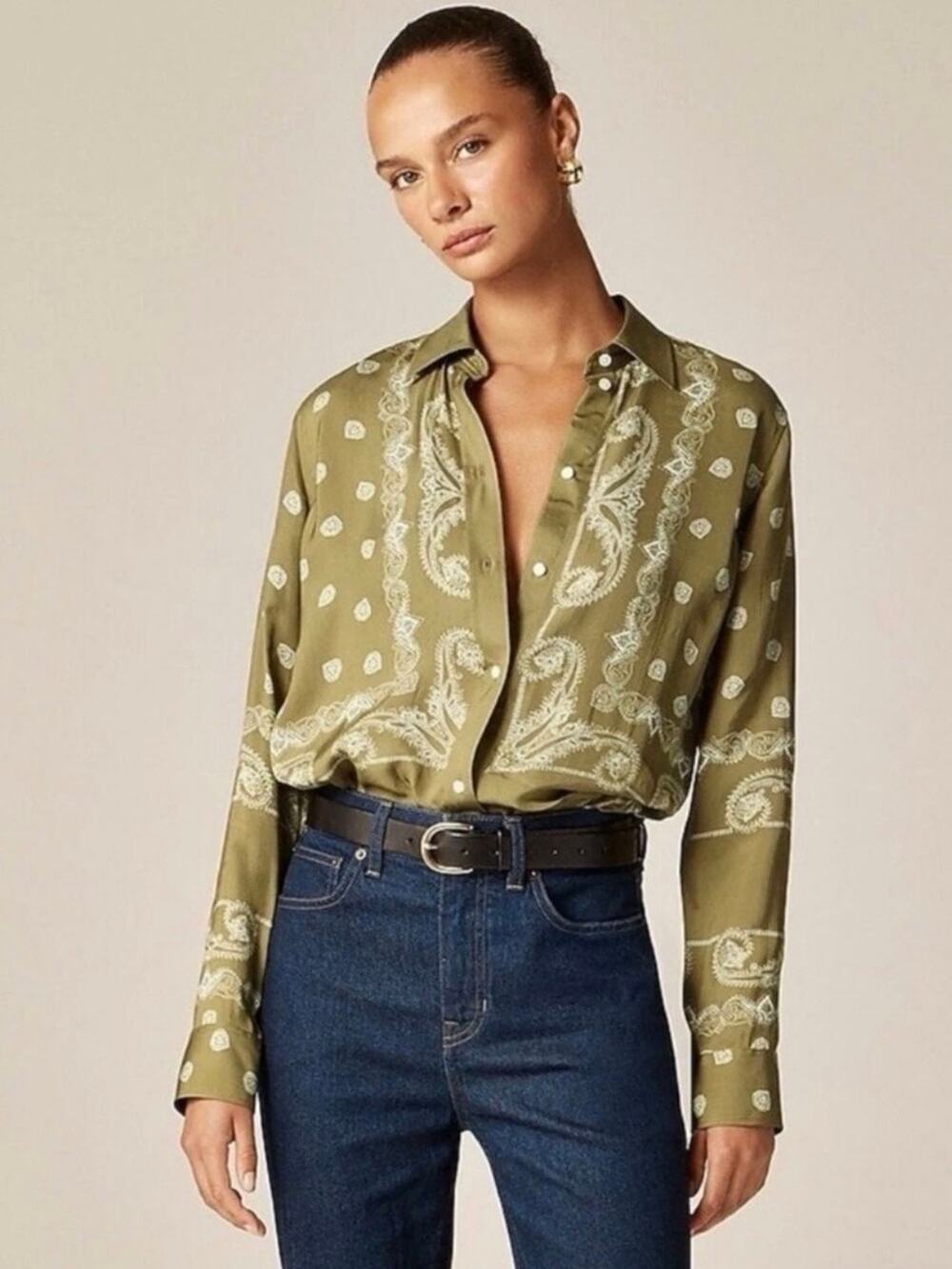 NWT J.Crew Jules Classic-Fit Shirt Womens Size 10 Sage Scarf Print Viscose CN483